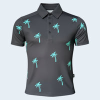 Gray polo shirt with green palm tree patterns on a light gray background